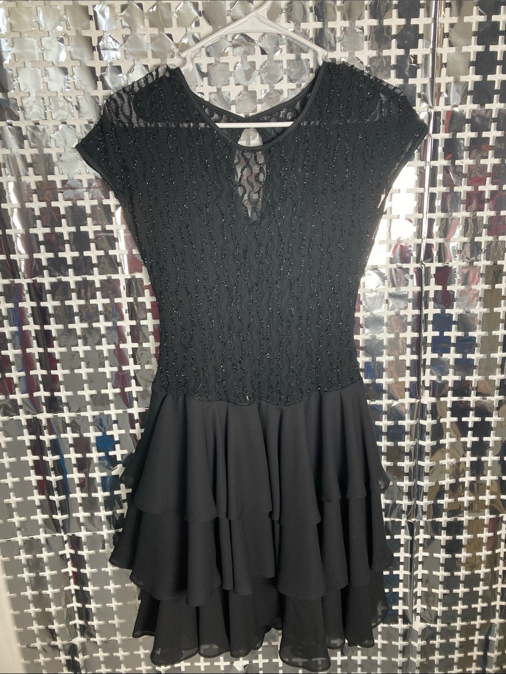 Late Edition Elegant Black Beaded Tiered Midi Dress